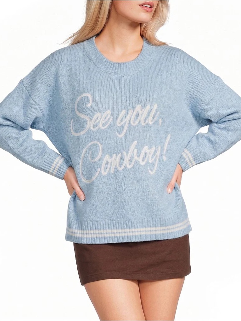 Light Blue Crewneck Sweater with 'See You, Cowboy!' Script